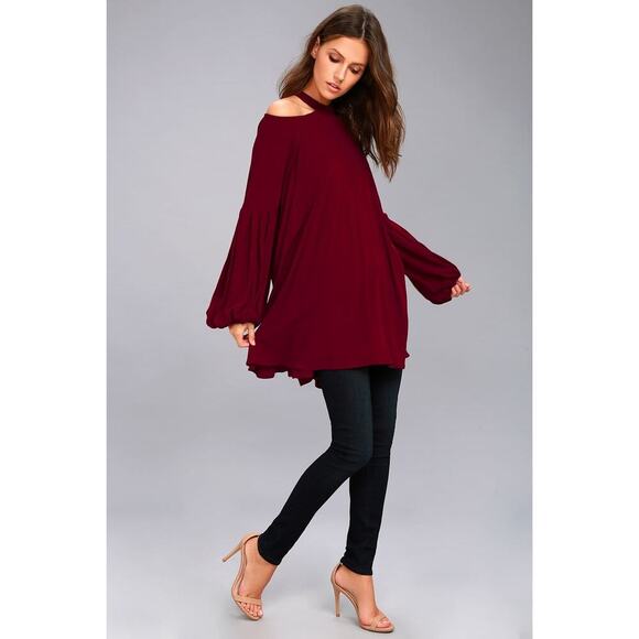 Free People Drift Away Burgundy Cold Shoulder Tunic Top Women’s Size Small - Picture 3 of 16